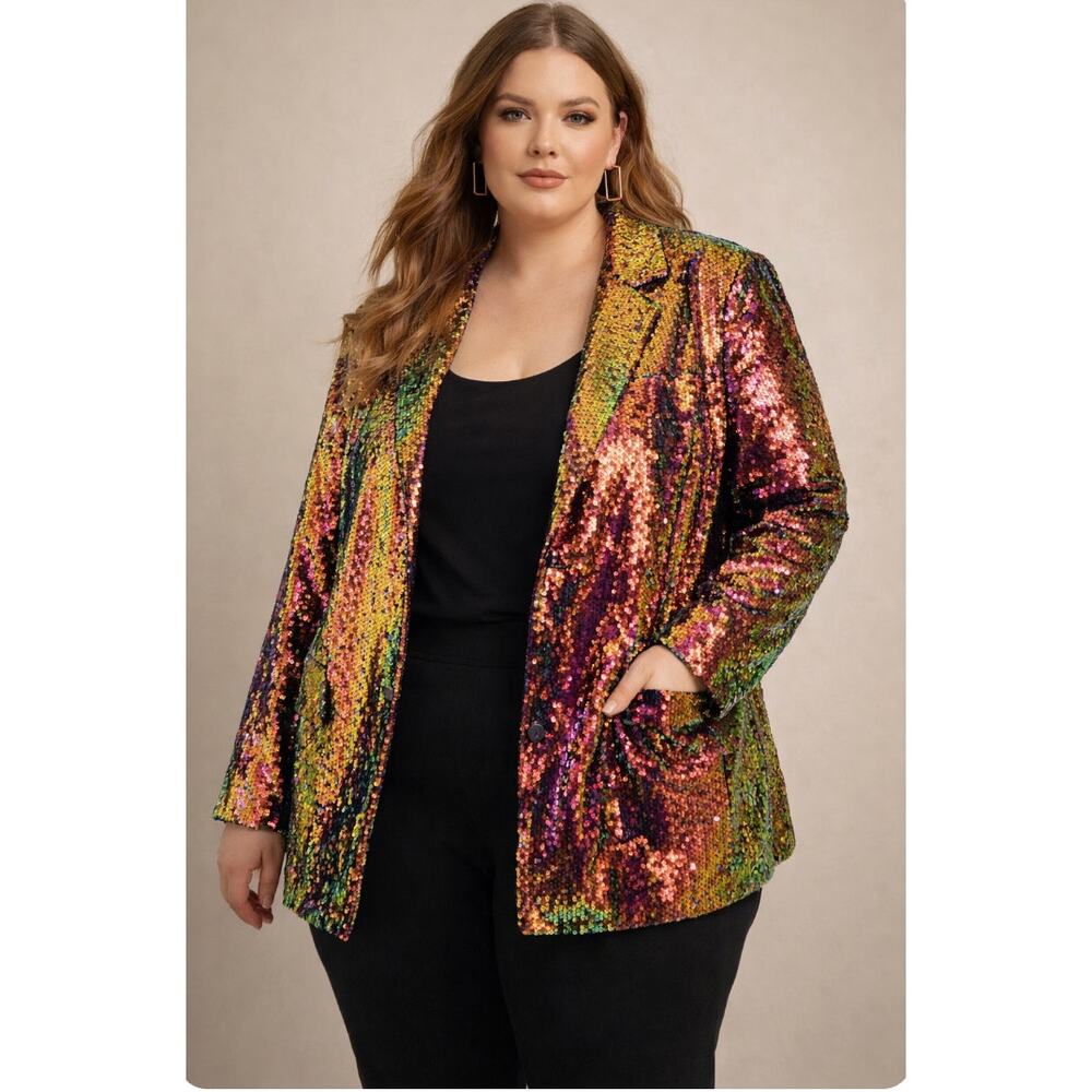 Kate Hewko Iridescent Sequin Blazer 2X Plus Glam Party Disco Statement Jacket